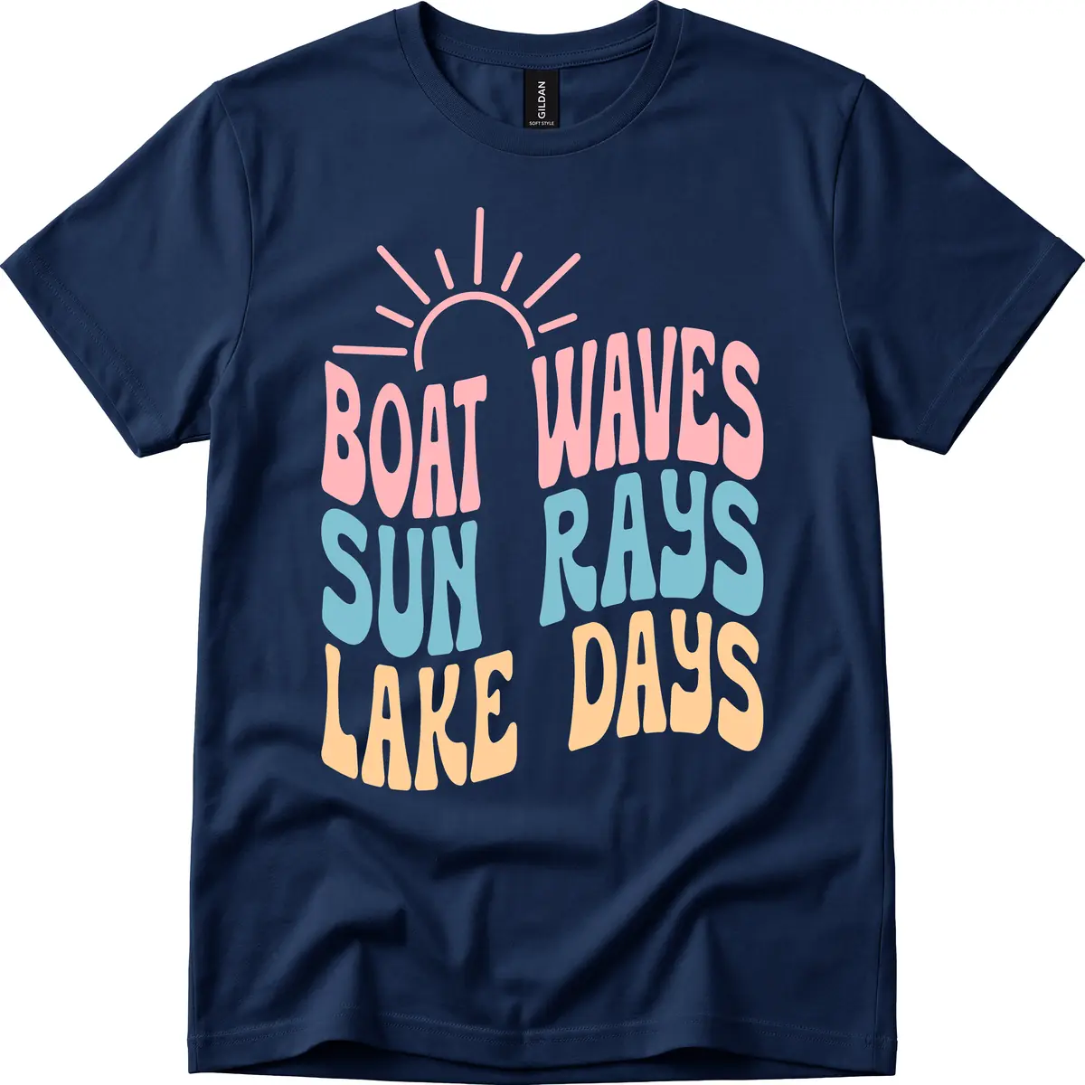 Boat Waves Sun Rays Lake Days T-Shirt in Navy