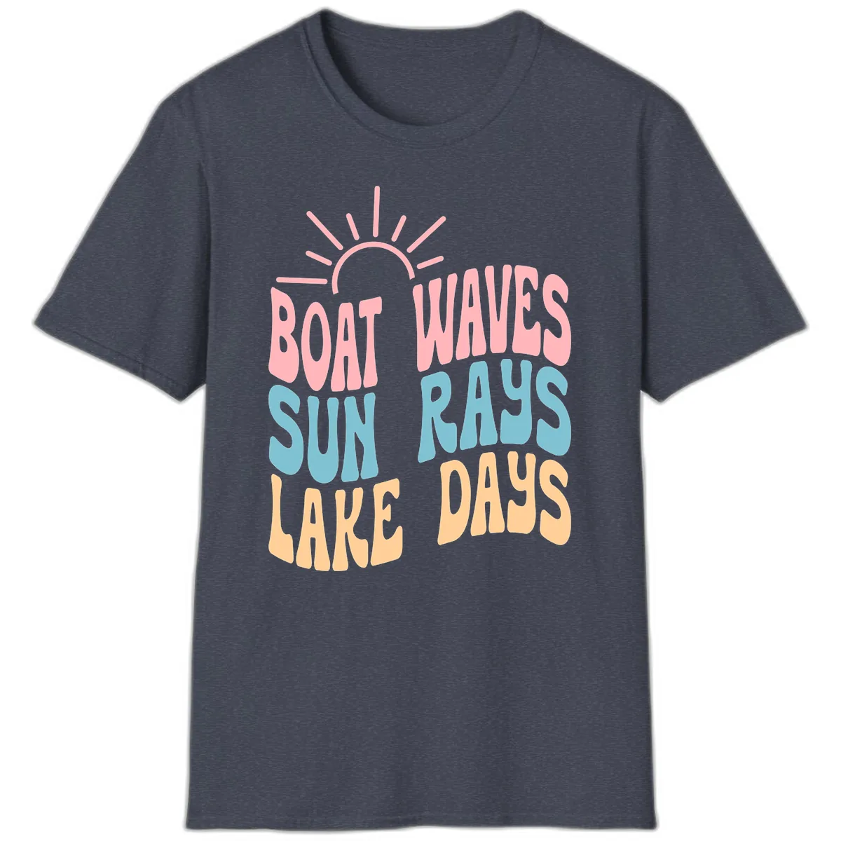Boat Waves Sun Rays Lake Days T-Shirt in Heather Navy