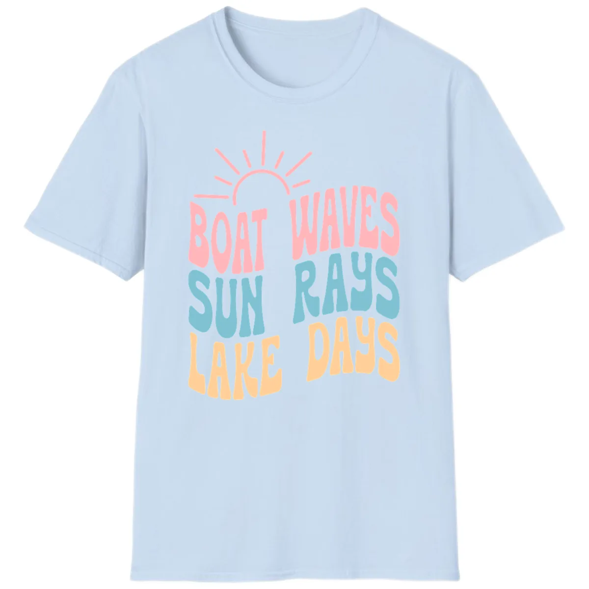 Boat Waves Sun Rays Lake Days T-Shirt in Light Blue