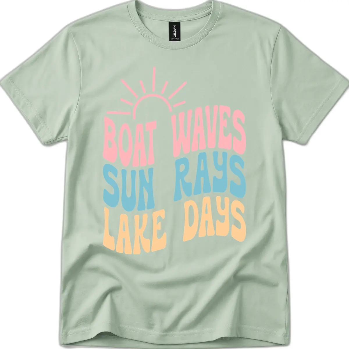 Boat Waves Sun Rays Lake Days T-Shirt in Sage