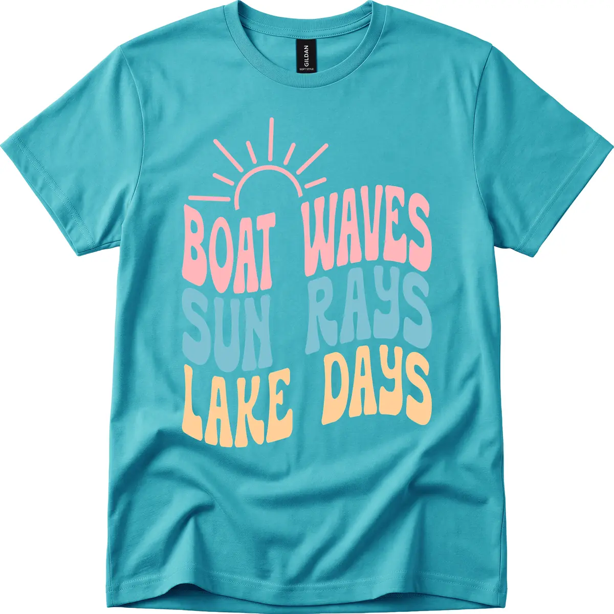 Boat Waves Sun Rays Lake Days T-Shirt in Tropical Blue