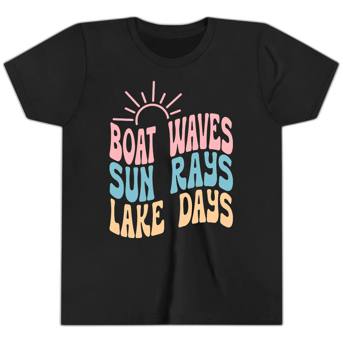 Boat Waves Sun Rays Lake Days Youth T-Shirt in Black