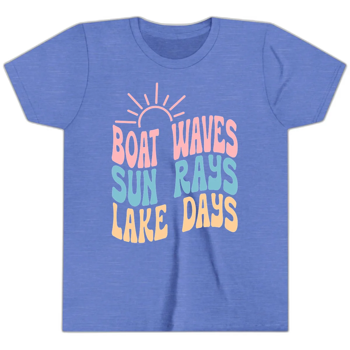 Boat Waves Sun Rays Lake Days Youth T-Shirt in Heather Columbia Blue