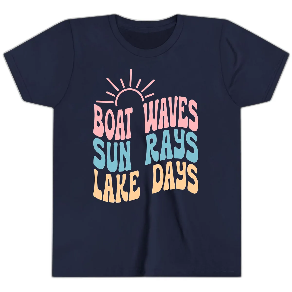 Boat Waves Sun Rays Lake Days Youth T-Shirt in Navy