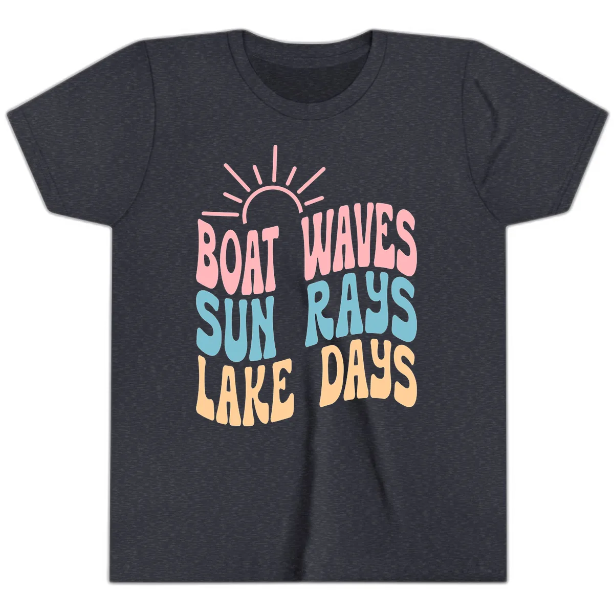 Boat Waves Sun Rays Lake Days Youth T-Shirt in Heather Navy