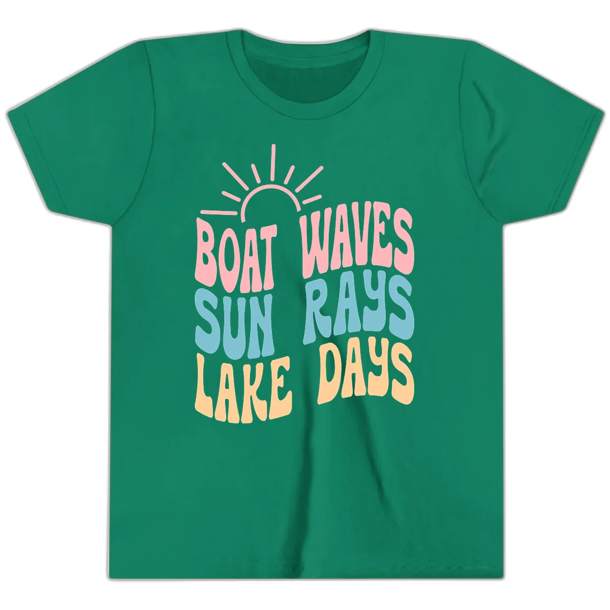 Boat Waves Sun Rays Lake Days Youth T-Shirt in Kelly