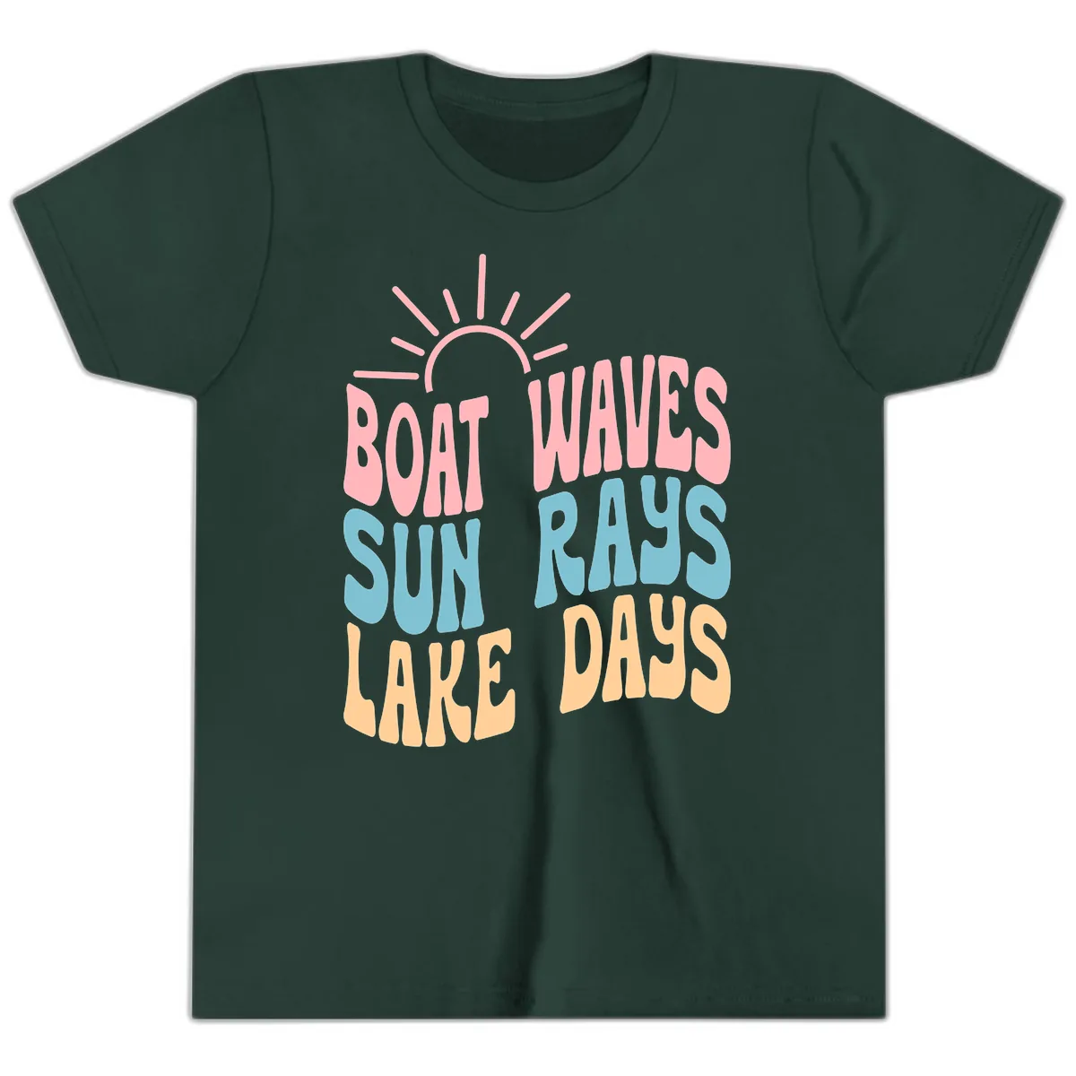 Boat Waves Sun Rays Lake Days Youth T-Shirt in Forest