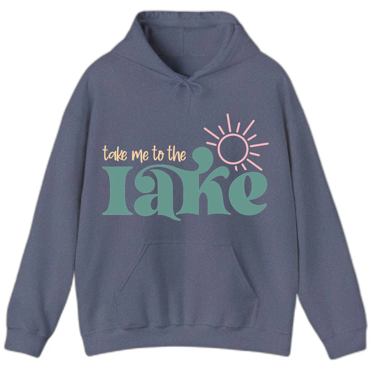 Take Me To The Lake Retro Design Hoodie in Heather Navy