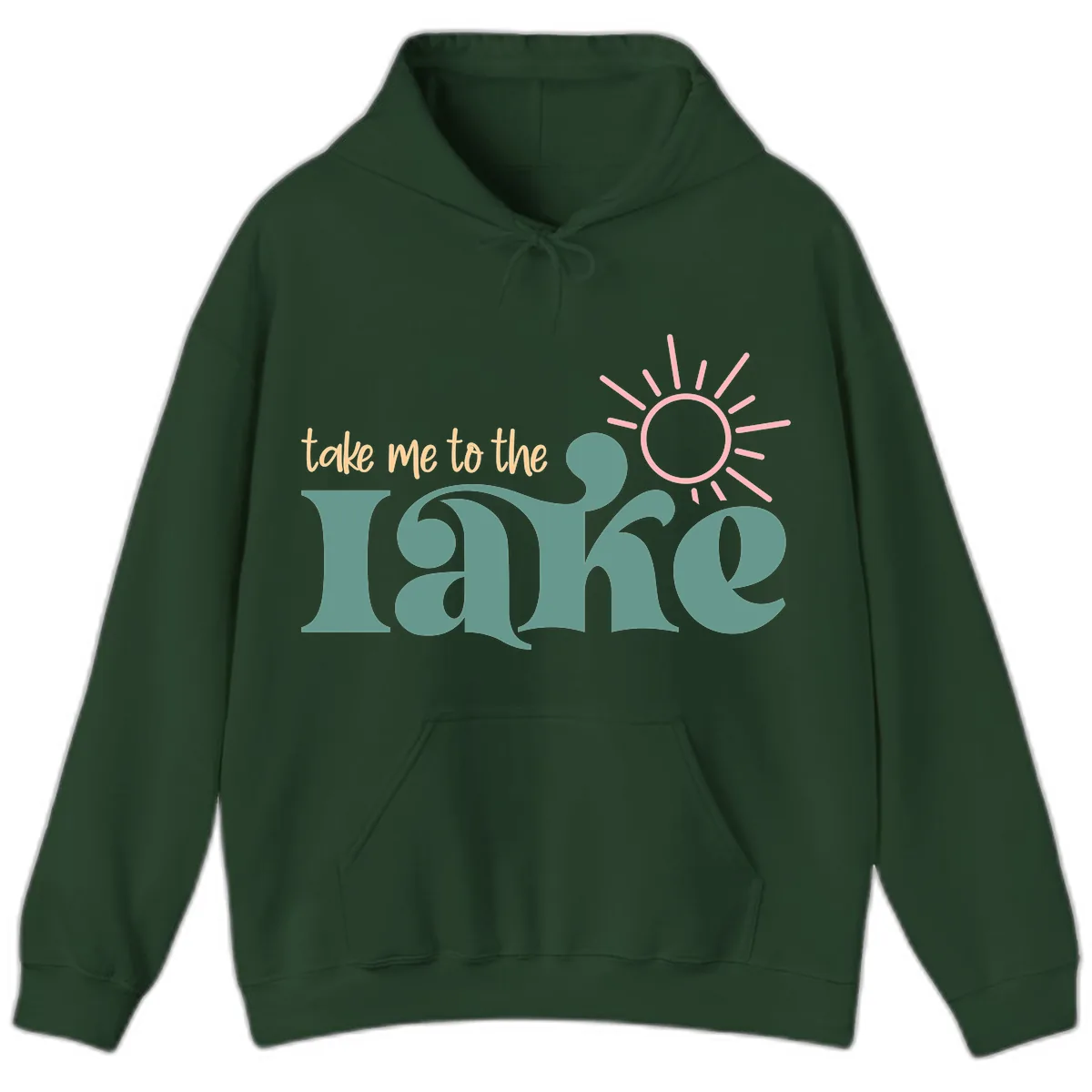 Take Me To The Lake Retro Design Hoodie in Forest Green