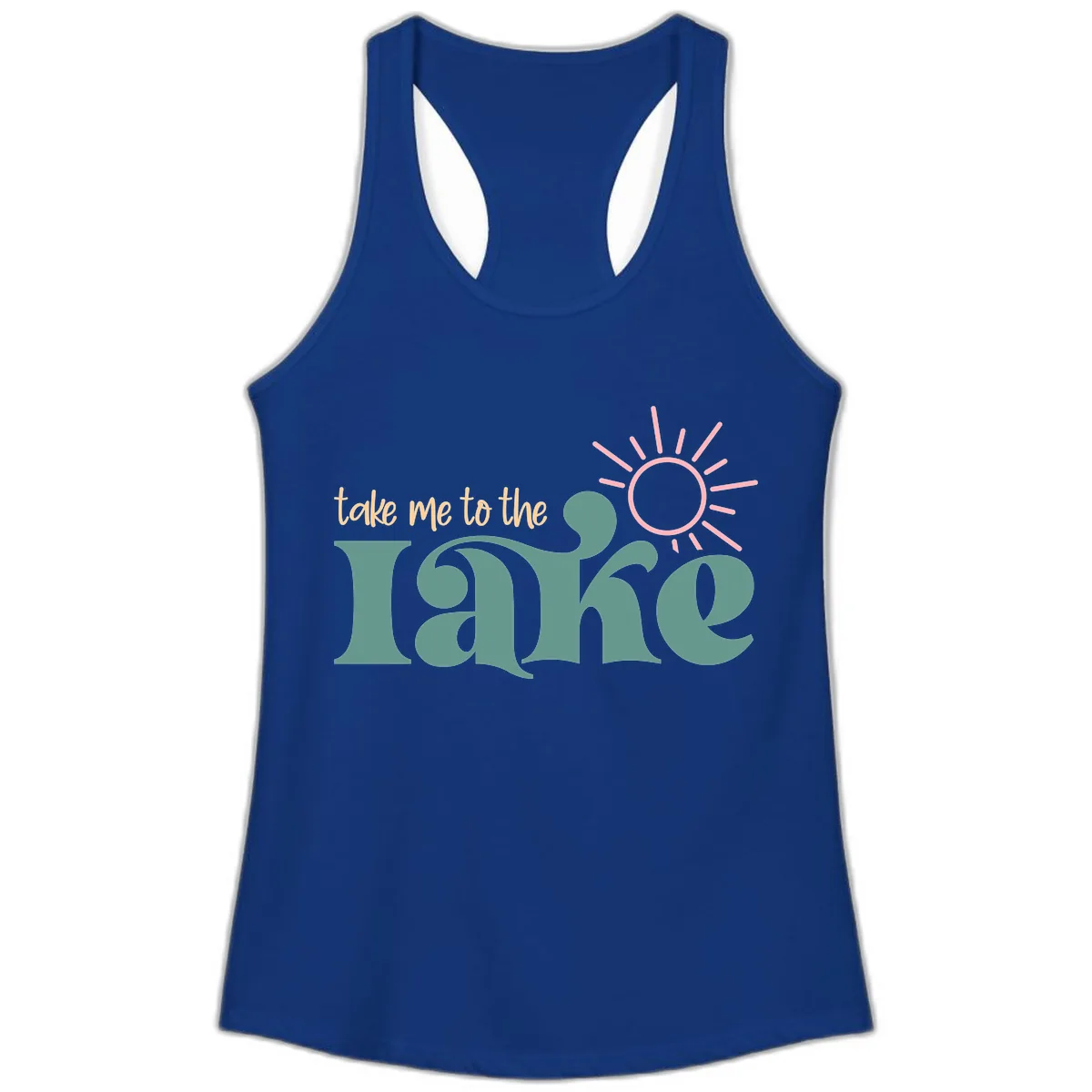 Take Me To The Lake Retro Design Ladies Tank in Solid Royal