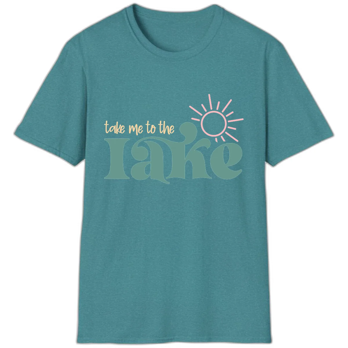 Take Me To The Lake Retro Design T-Shirt in Heather Galapagos Blue