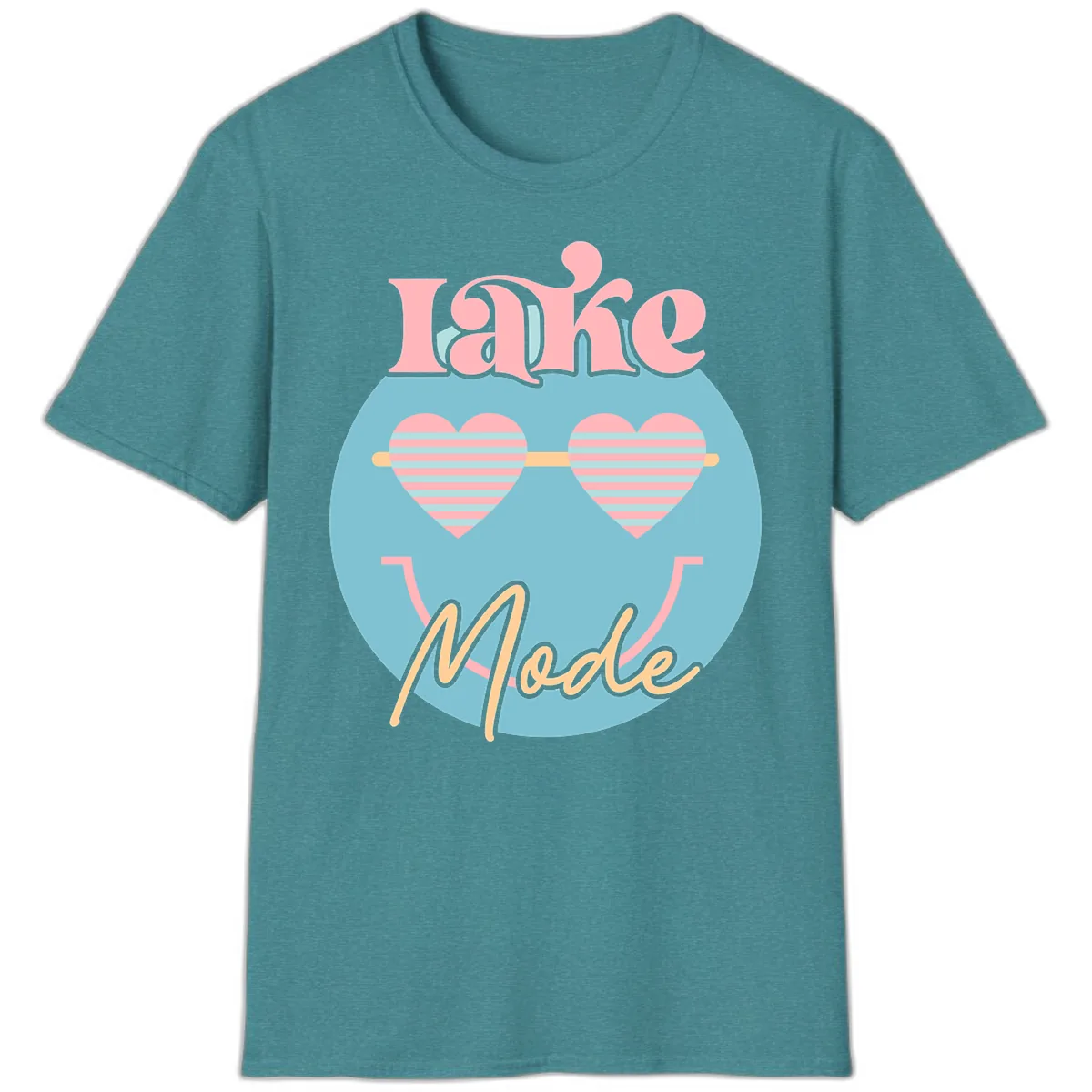 Lake Mode Retro Smiley Face T-Shirt in Heather Galapagos Blue