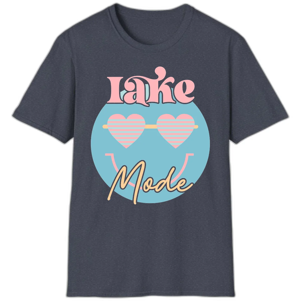 Lake Mode Retro Smiley Face T-Shirt in Heather Navy