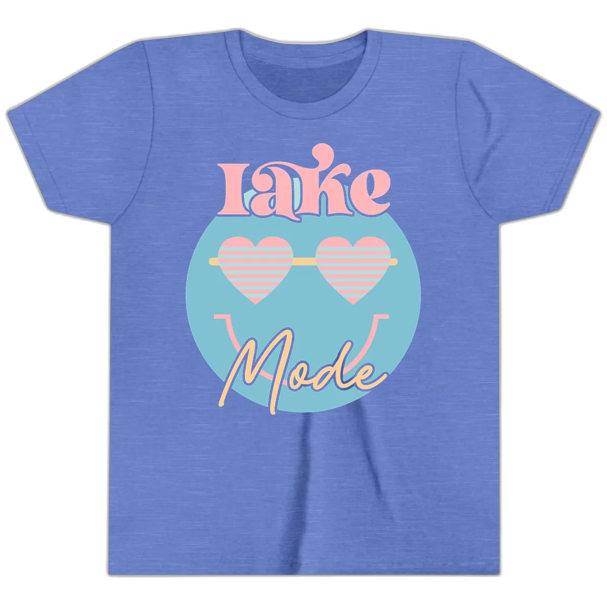 Lake Mode Retro Smiley Face Youth T-Shirt in Heather Columbia Blue