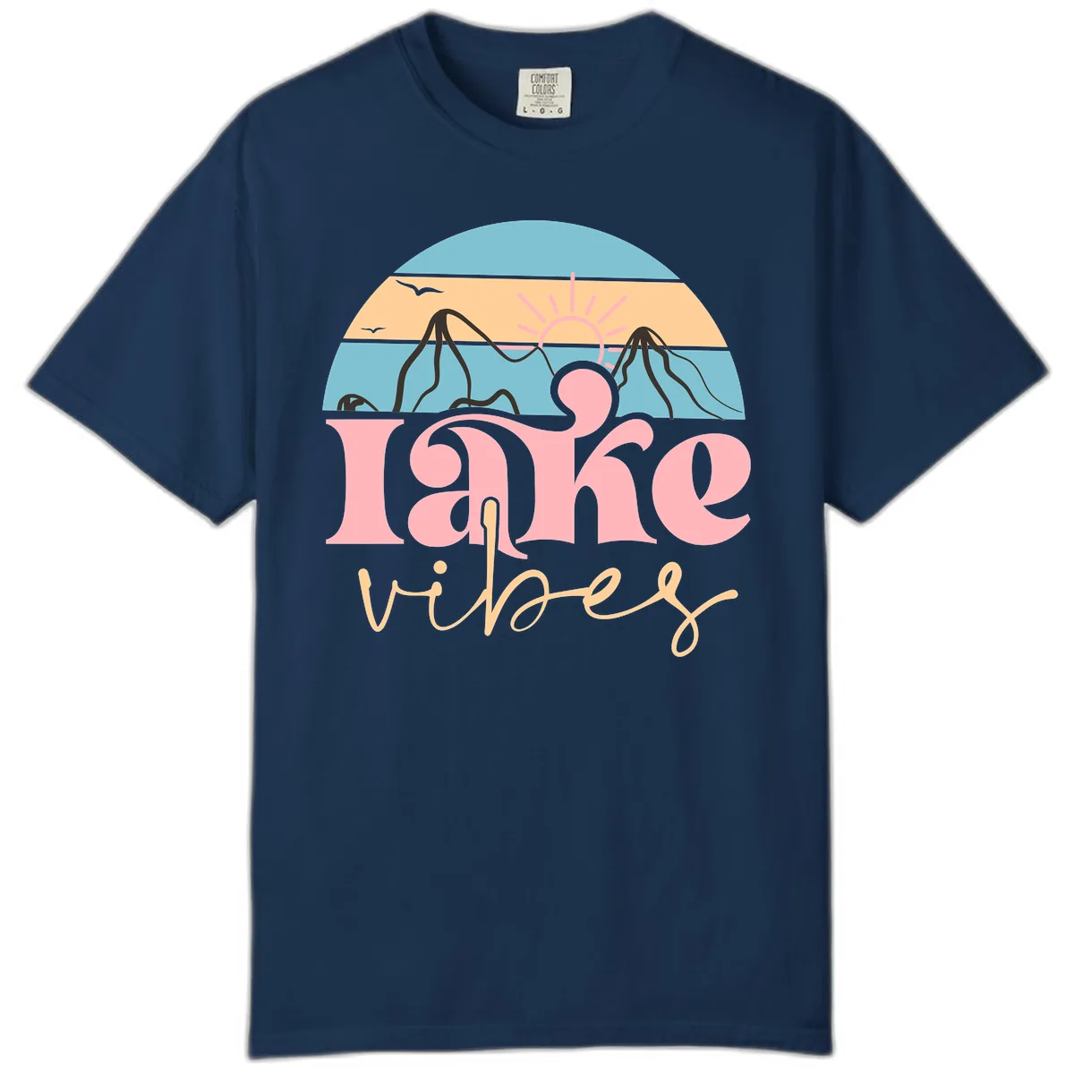 Lake Vibes Retro Sunset Mountain Comfort Color in Navy