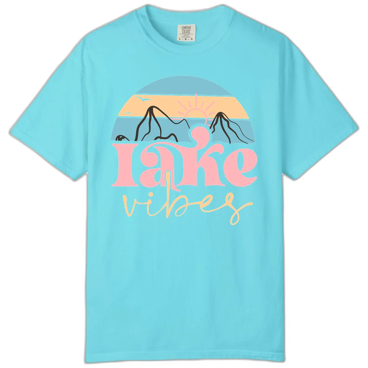 Lake Vibes Retro Sunset Mountain Comfort Color in Lagoon Blue