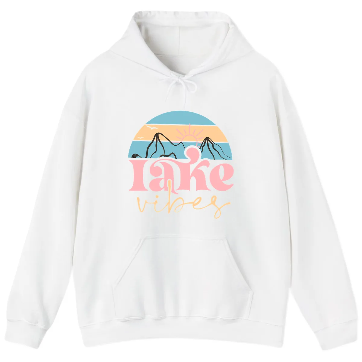 Lake Vibes Retro Sunset Mountain Hoodie in White