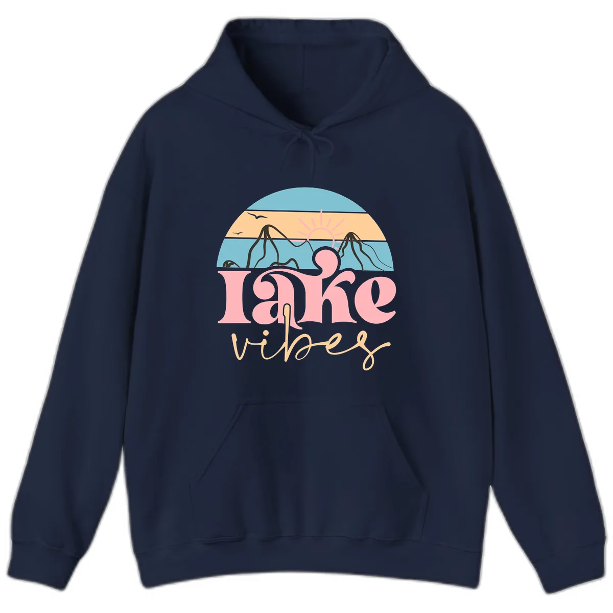 Lake Vibes Retro Sunset Mountain Hoodie in Navy