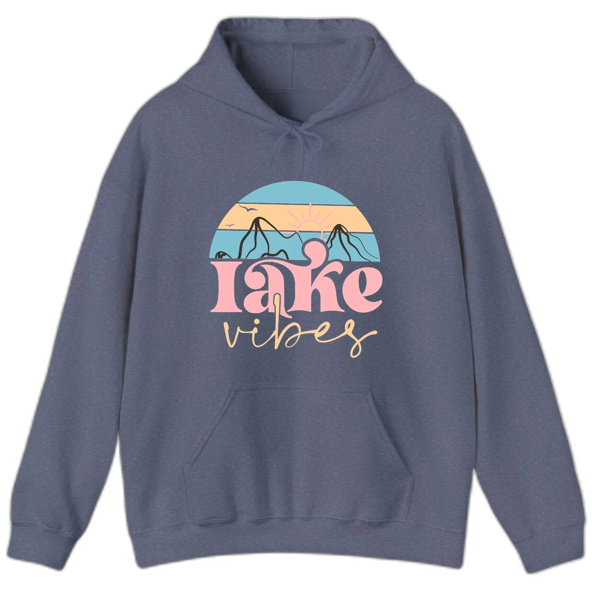 Lake Vibes Retro Sunset Mountain Hoodie in Heather Navy
