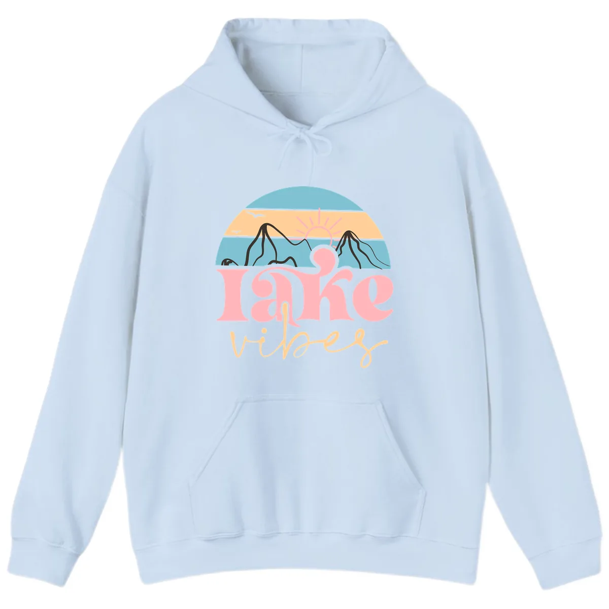 Lake Vibes Retro Sunset Mountain Hoodie in Light Blue