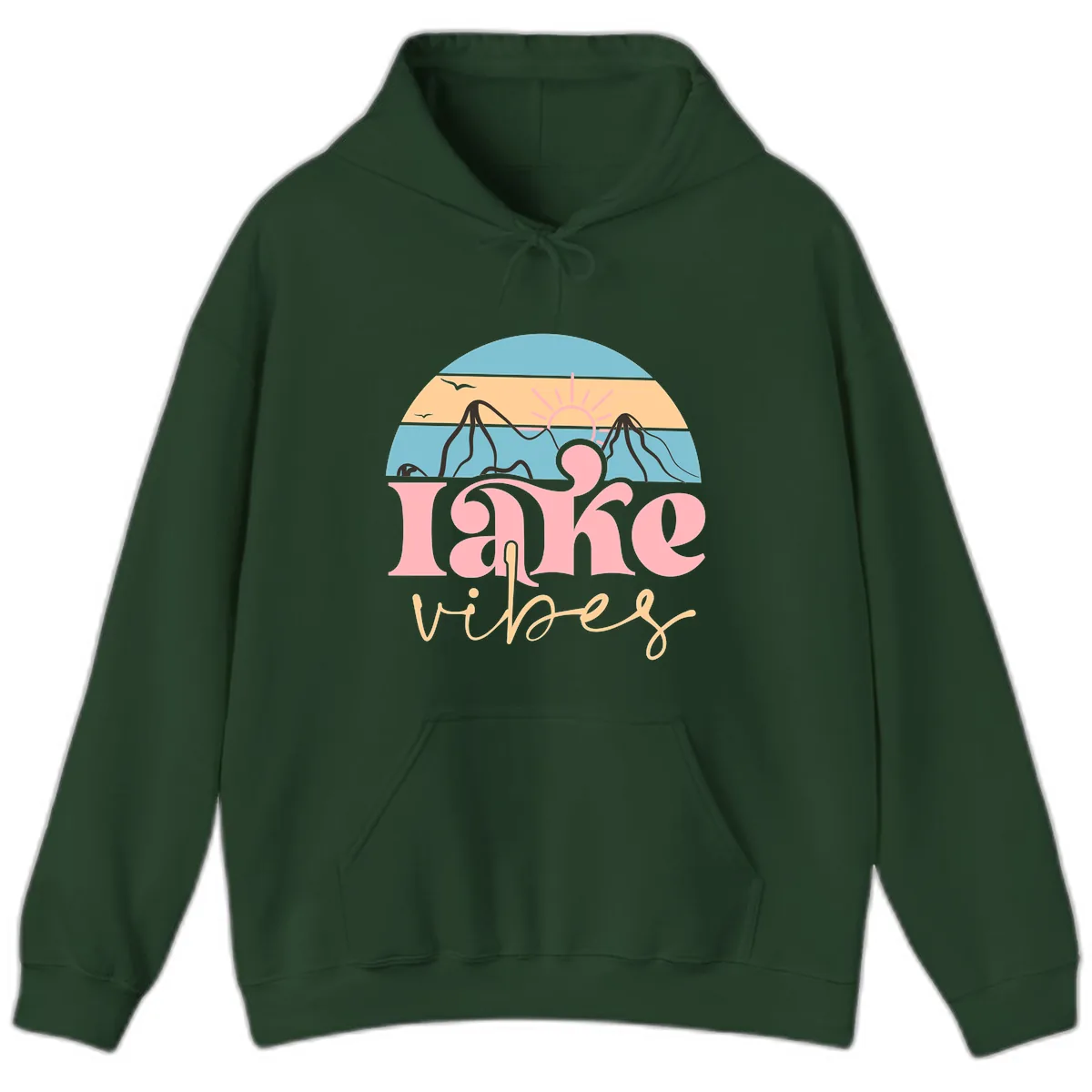 Lake Vibes Retro Sunset Mountain Hoodie in Forest Green