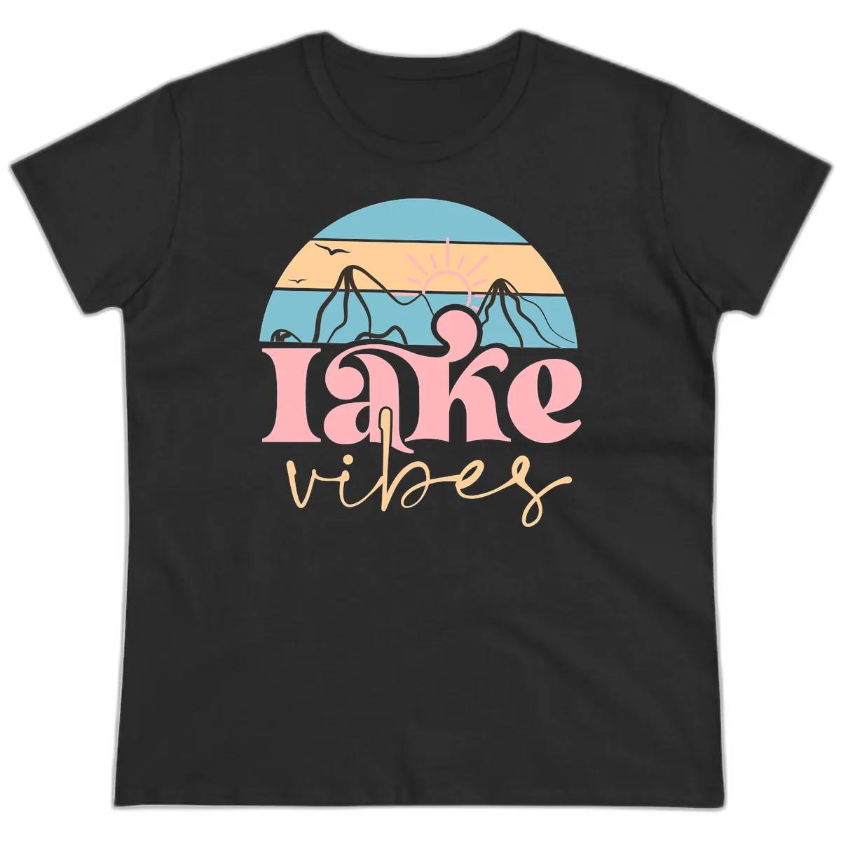 Lake Vibes Retro Sunset Mountain Ladies Tee in Black