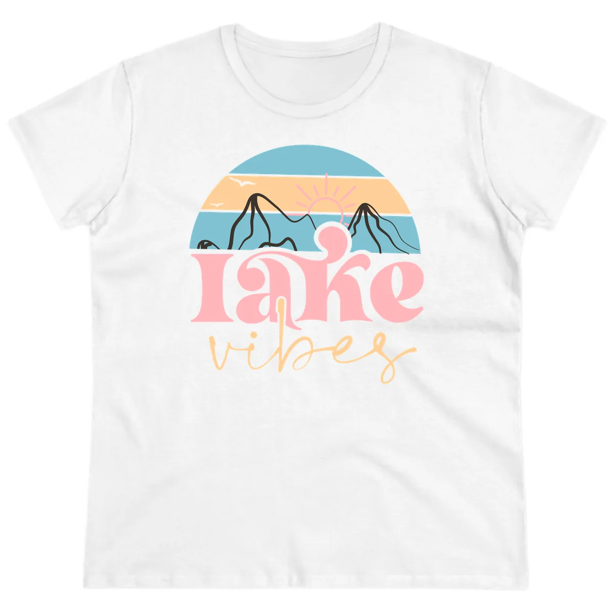 Lake Vibes Retro Sunset Mountain Ladies Tee in White