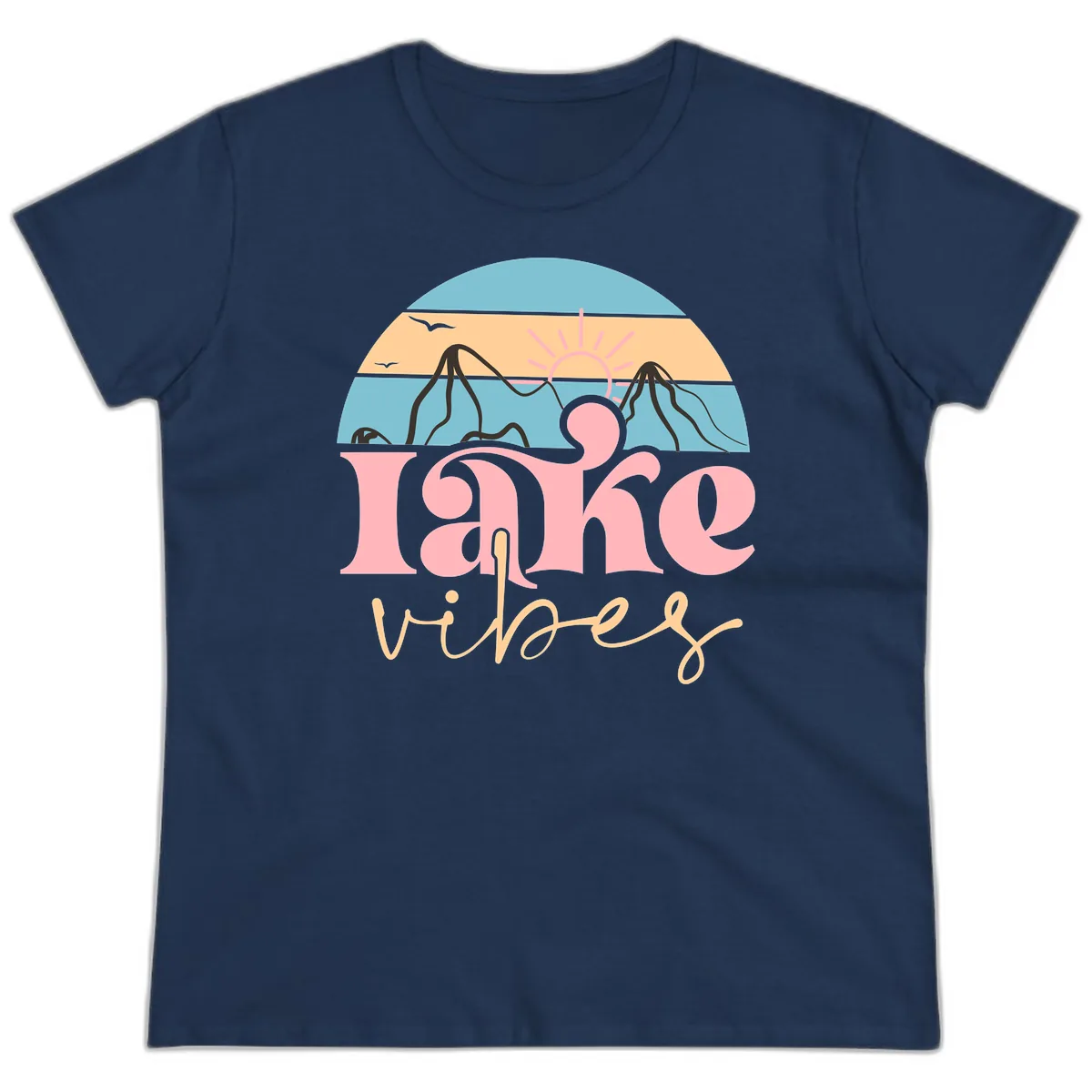 Lake Vibes Retro Sunset Mountain Ladies Tee in Navy