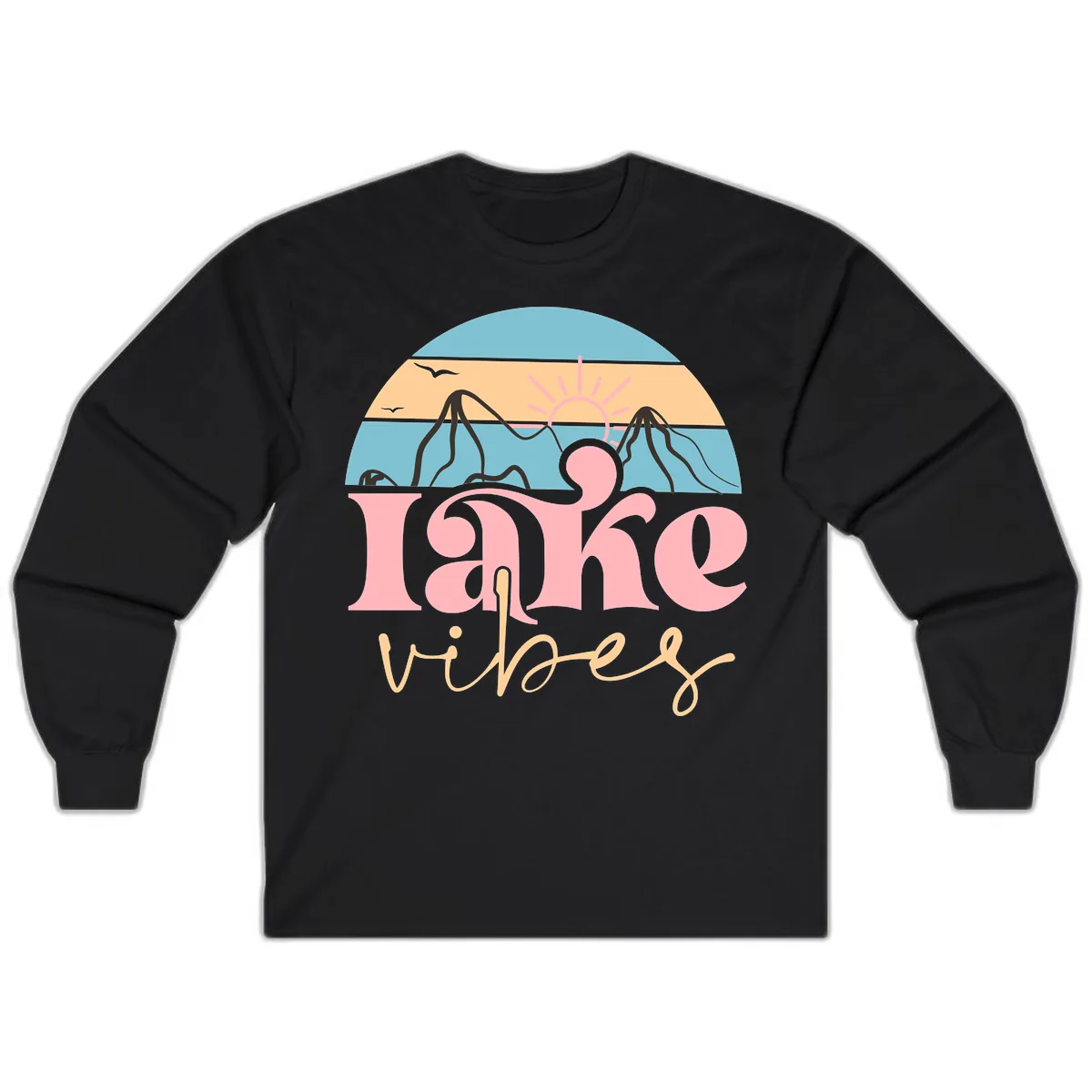 Lake Vibes Retro Sunset Mountain Long Sleeve in Black