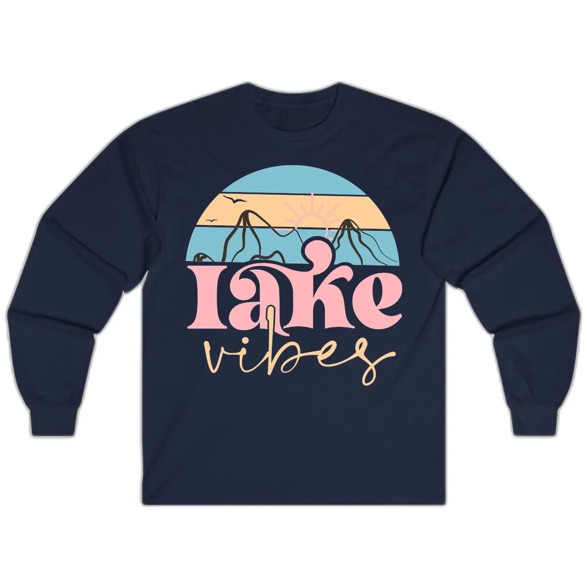 Lake Vibes Retro Sunset Mountain Long Sleeve in Navy