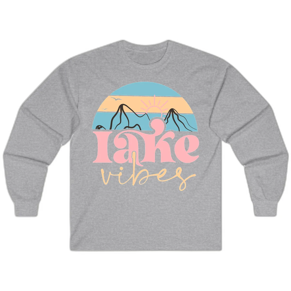 Lake Vibes Retro Sunset Mountain Long Sleeve in Sport Grey