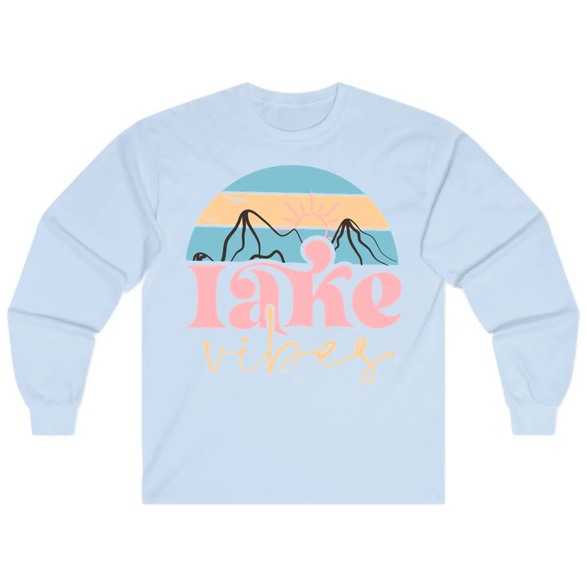 Lake Vibes Retro Sunset Mountain Long Sleeve in Light Blue