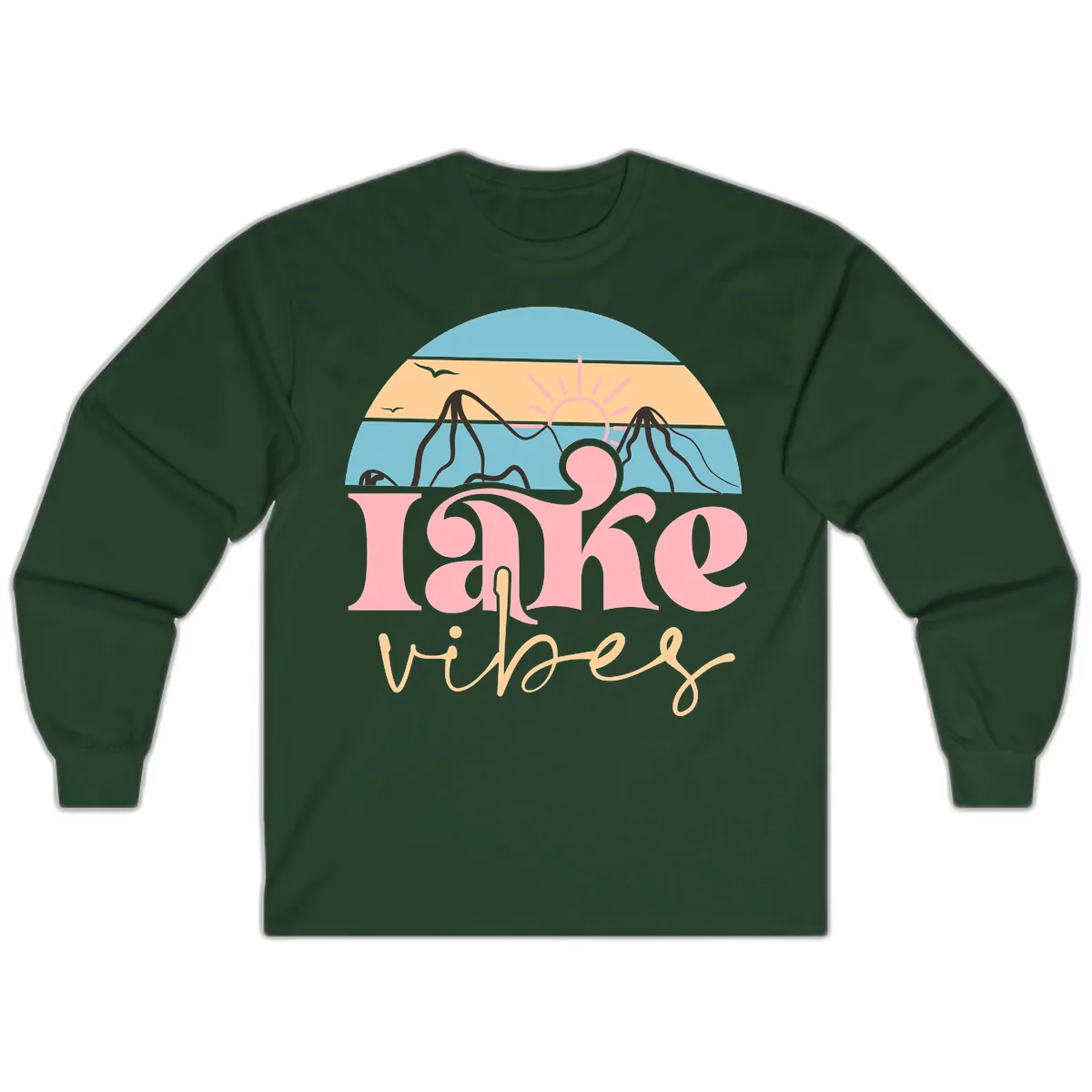 Lake Vibes Retro Sunset Mountain Long Sleeve in Forest Green
