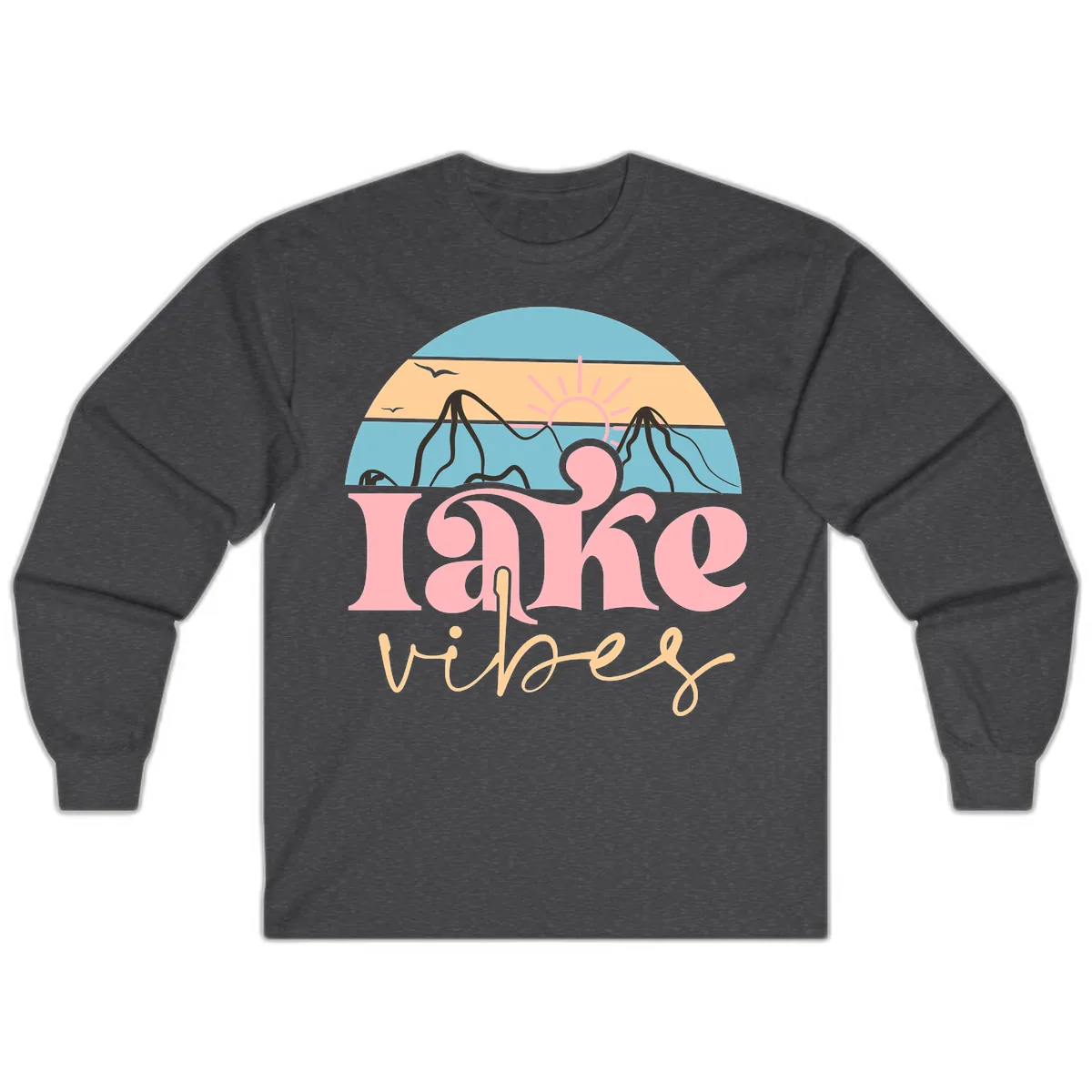 Lake Vibes Retro Sunset Mountain Long Sleeve in Dark Heather