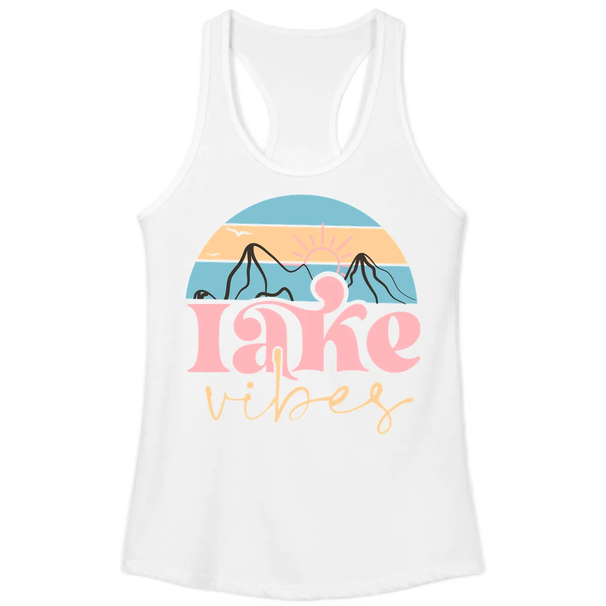 Lake Vibes Retro Sunset Mountain Ladies Tank in White