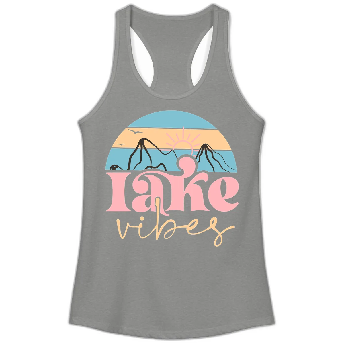Lake Vibes Retro Sunset Mountain Ladies Tank in Heather Grey