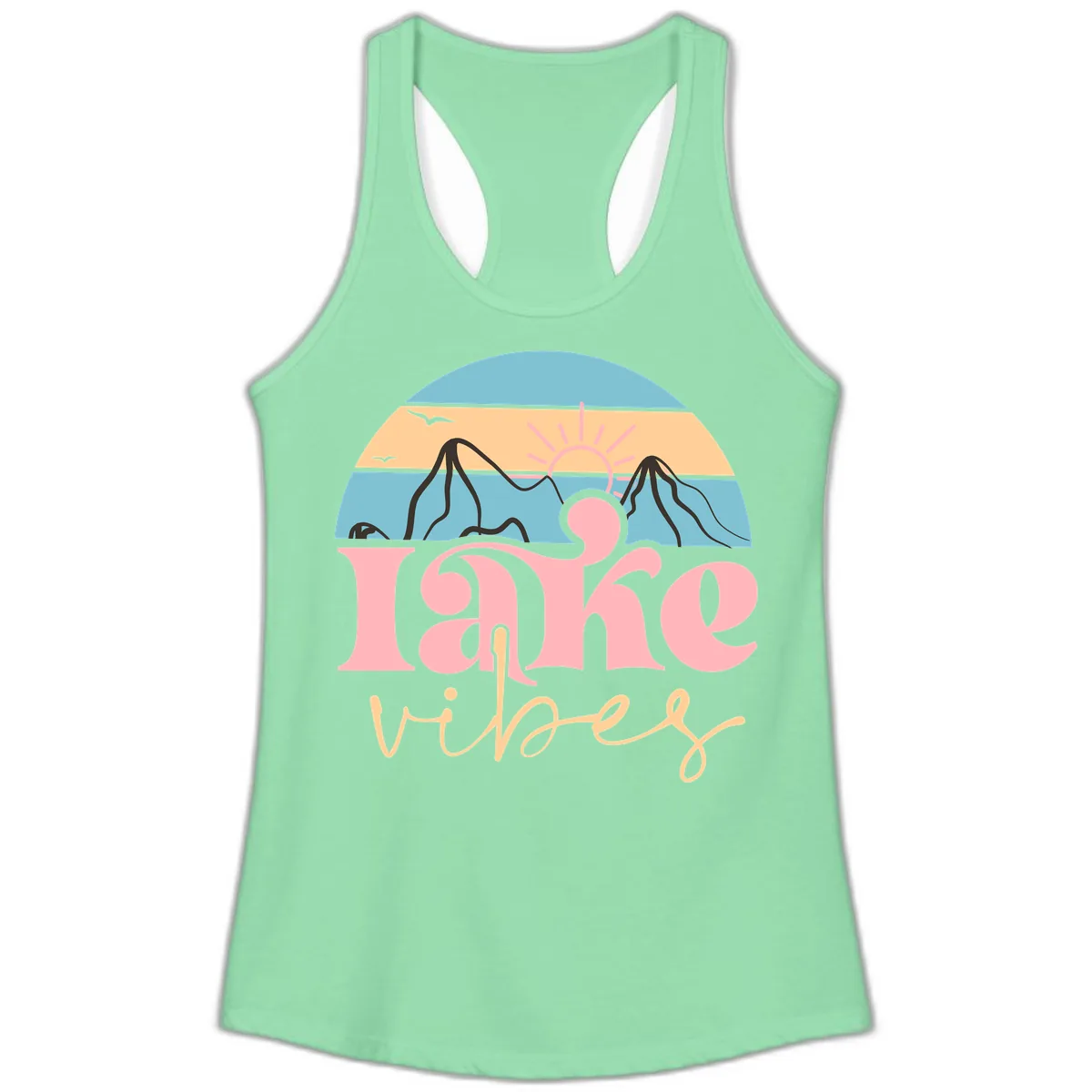 Lake Vibes Retro Sunset Mountain Ladies Tank in Solid Mint