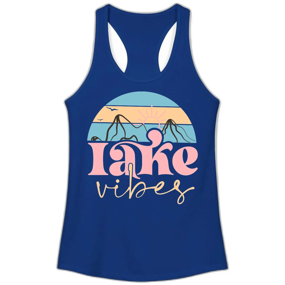 Lake Vibes Retro Sunset Mountain Ladies Tank in Solid Royal