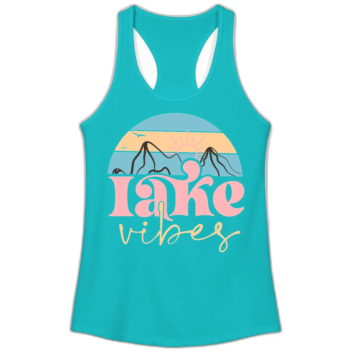 Lake Vibes Retro Sunset Mountain Ladies Tank in Tahiti Blue