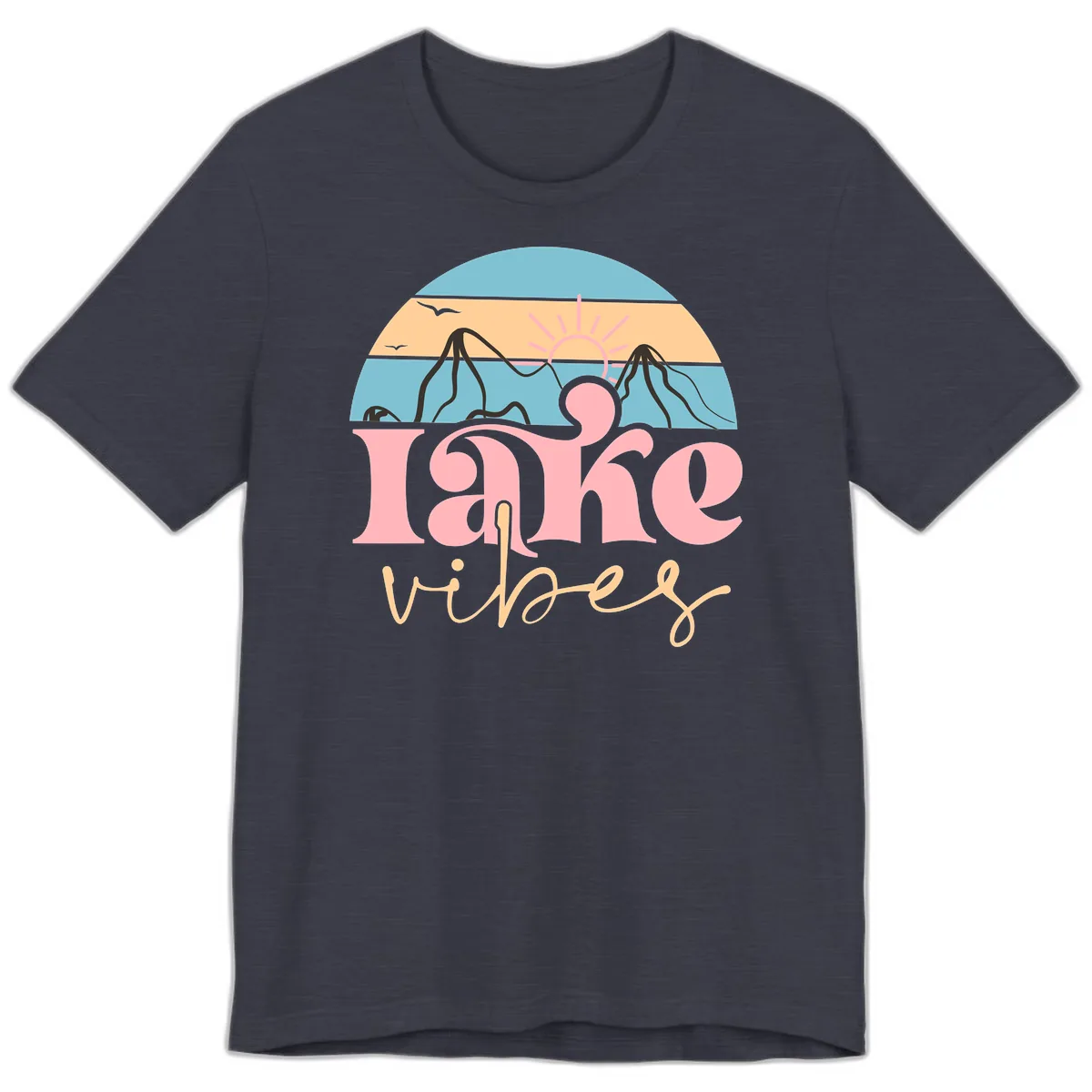 Lake Vibes Retro Sunset Mountain Premium T-Shirt in Heather Midnight Navy