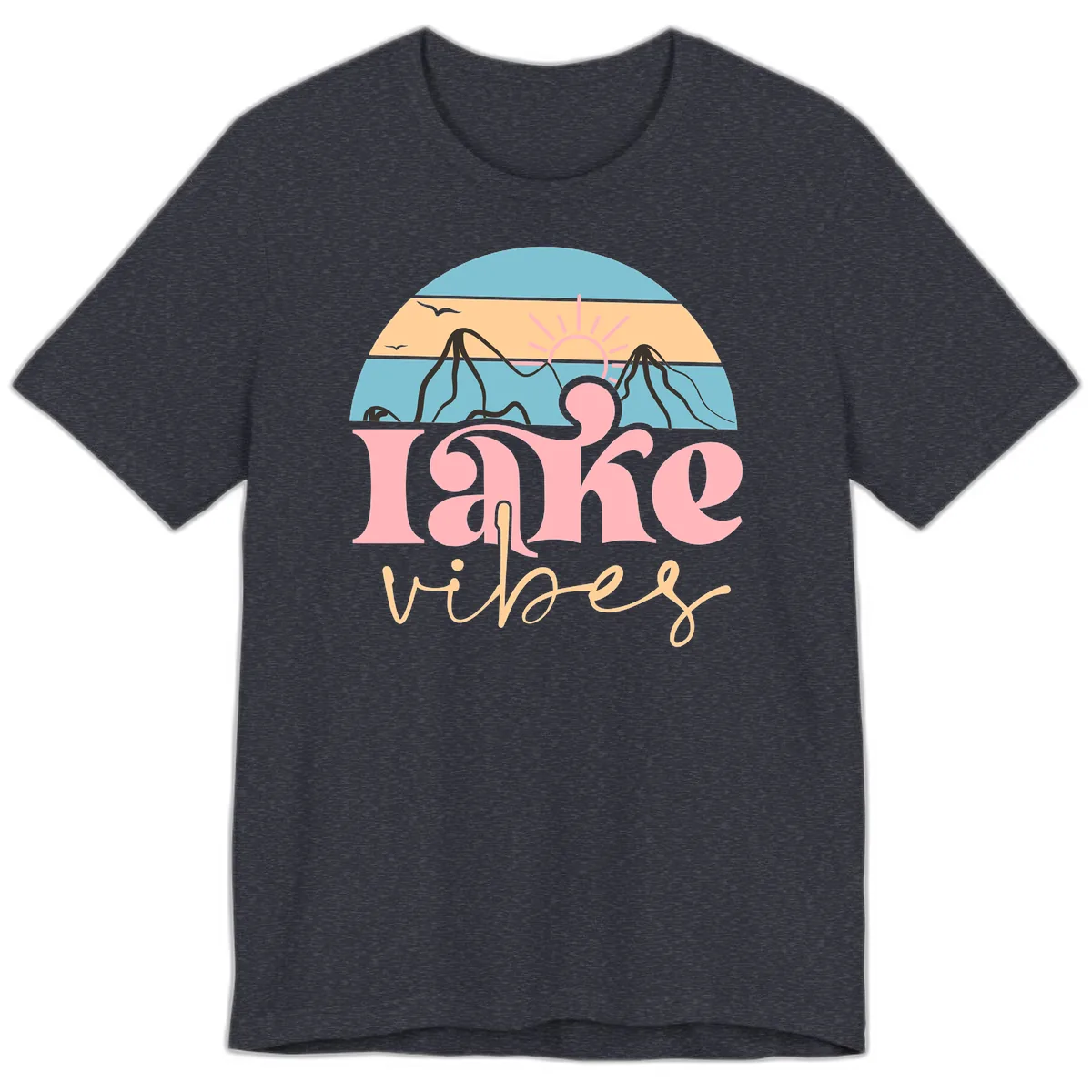 Lake Vibes Retro Sunset Mountain Premium T-Shirt in Heather Navy