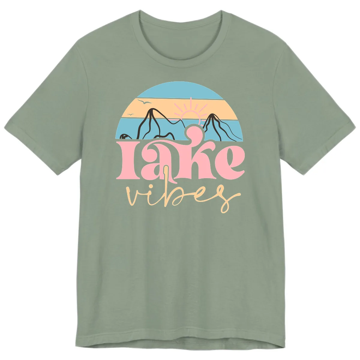 Lake Vibes Retro Sunset Mountain Premium T-Shirt in Sage