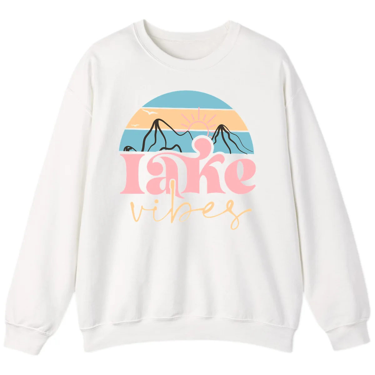 Lake Vibes Retro Sunset Mountain Sweatshirt in White