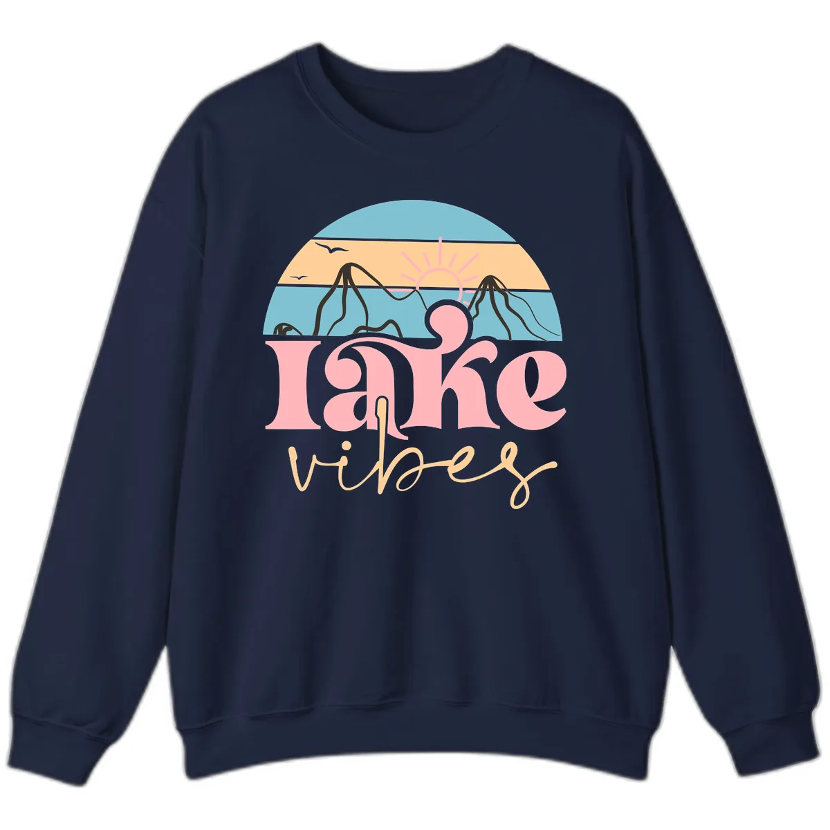 Lake Vibes Retro Sunset Mountain Sweatshirt in Navy
