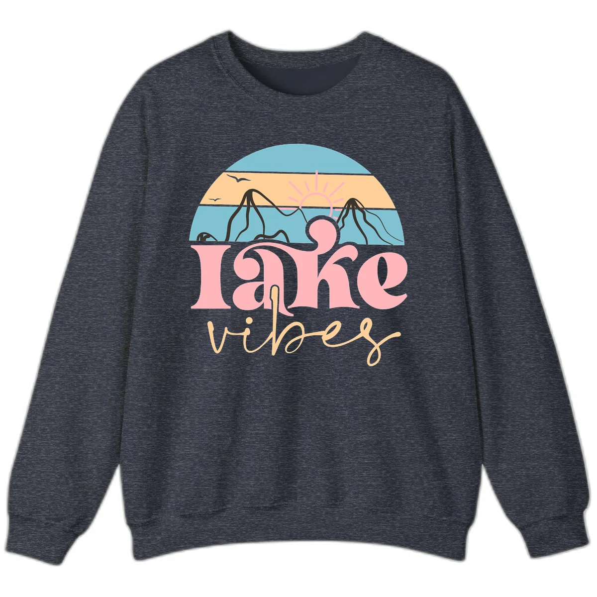Lake Vibes Retro Sunset Mountain Sweatshirt in Heather Sport Dark Navy
