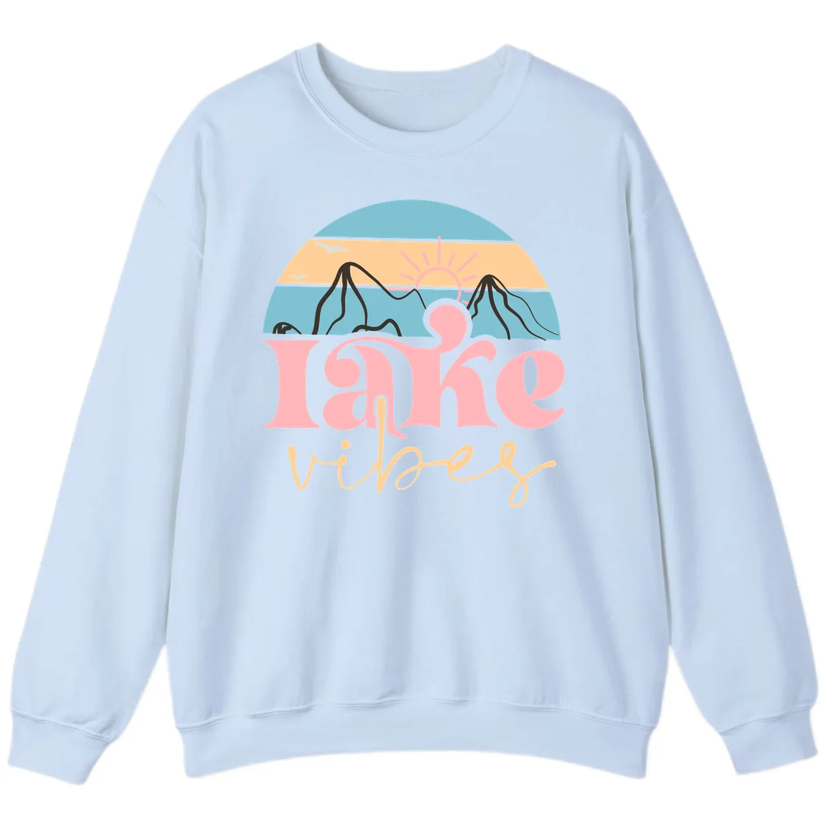 Lake Vibes Retro Sunset Mountain Sweatshirt in Light Blue