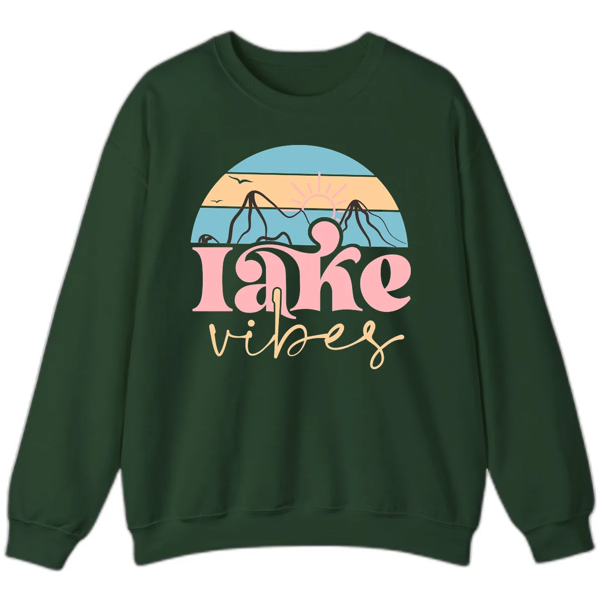 Lake Vibes Retro Sunset Mountain Sweatshirt in Forest Green