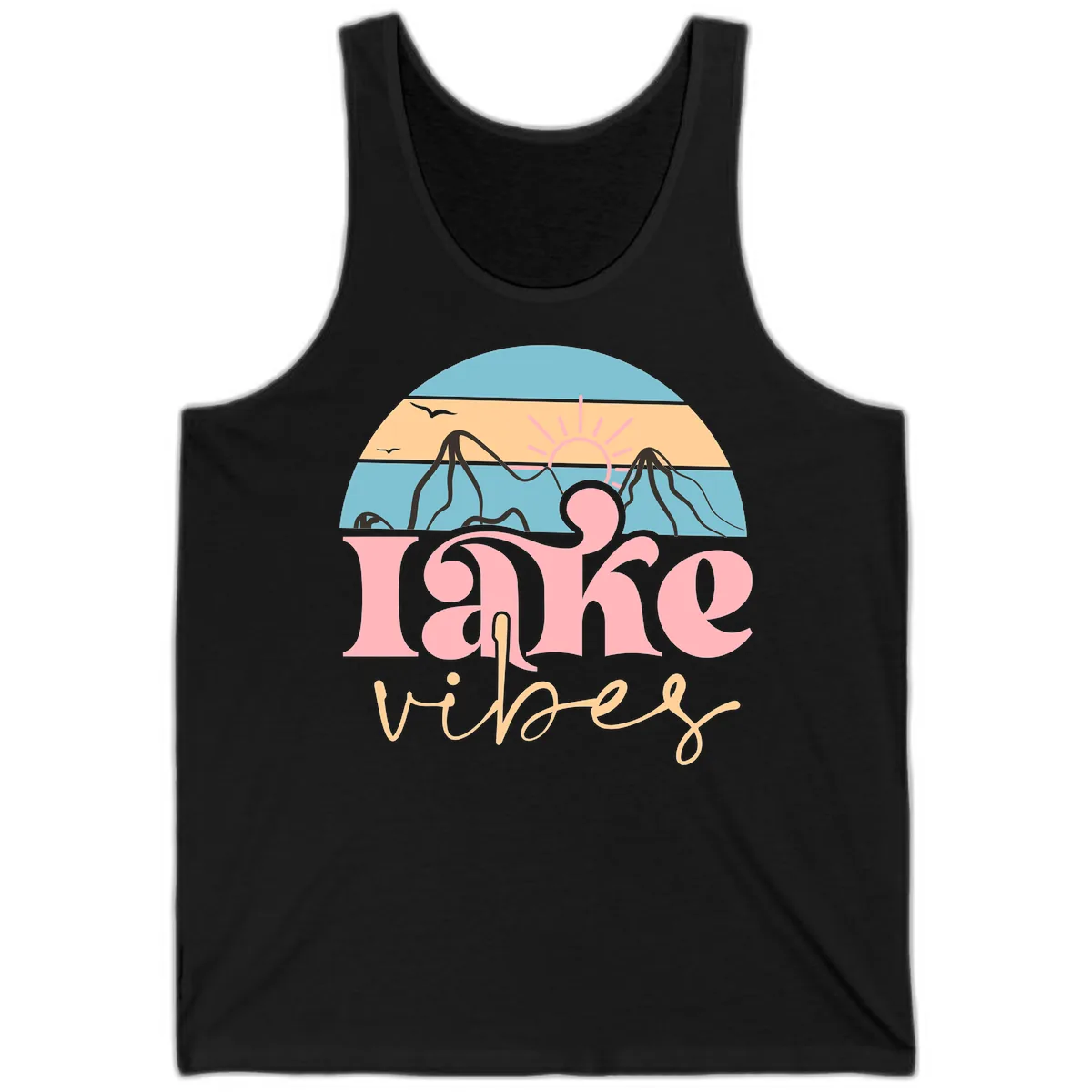 Lake Vibes Retro Sunset Mountain Tank in Black