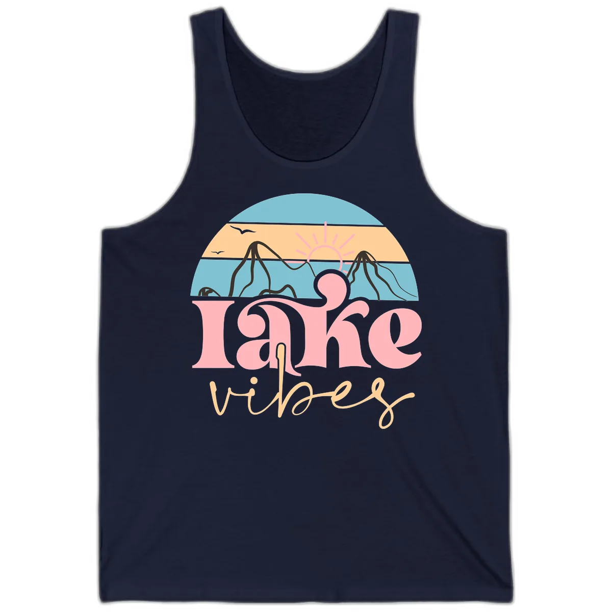 Lake Vibes Retro Sunset Mountain Tank in Navy