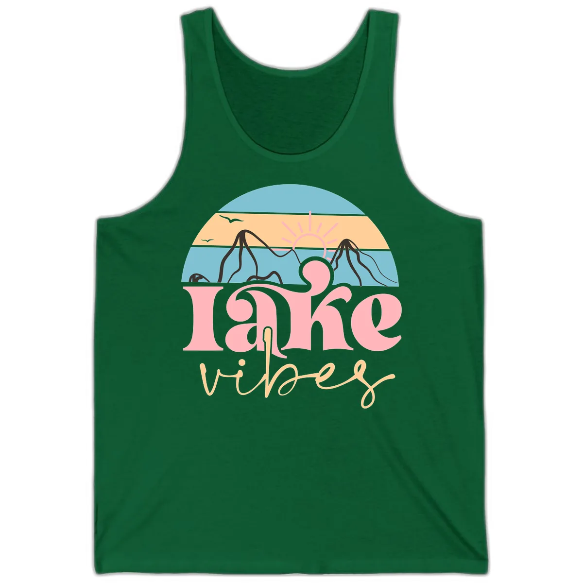 Lake Vibes Retro Sunset Mountain Tank in Kelly